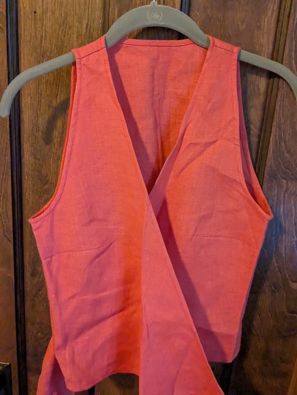 Sleeveless V-Neck Wrap Coral Linen Top